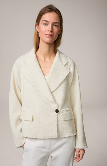 Tweed-Kurzblazer-Jacke mit breitem Revers in Creme