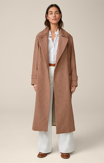 Manteau long en laine vierge, couleur cuivre-écru à motif