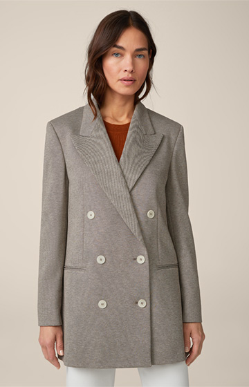 Jersey Double-breasted Longline Blazer in a Brown and Ecru Pattern