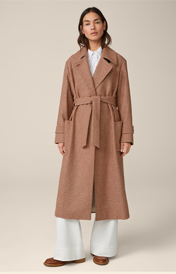 Virgin Wool Roben Coat in a Copper/Ecru Pattern