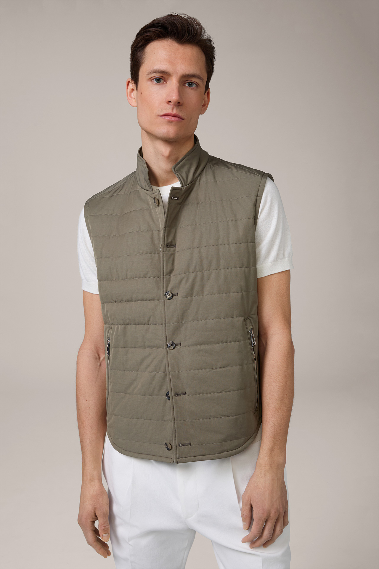 Emiliano Cotton Blend Quilted Vest with Stand-Up Collar in Olive