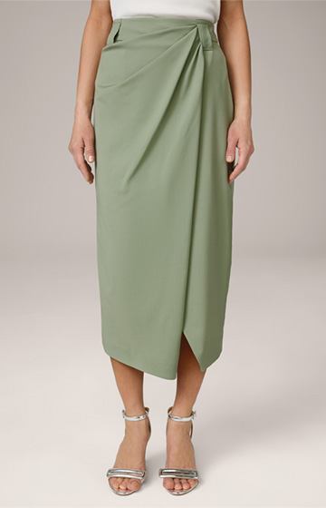 Virgin Wool Midi Skirt with Wrapover Detail in Sage