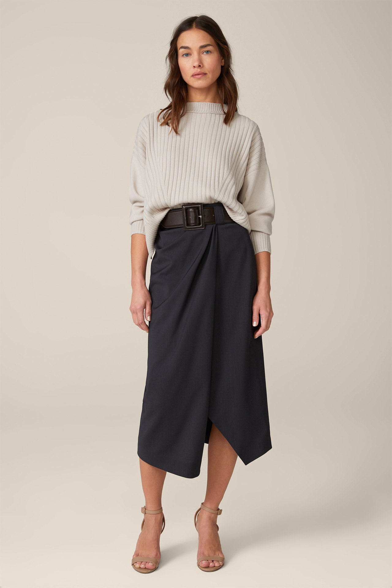 Virgin Wool Midi Length Skirt with Wrapover in Anthracite
