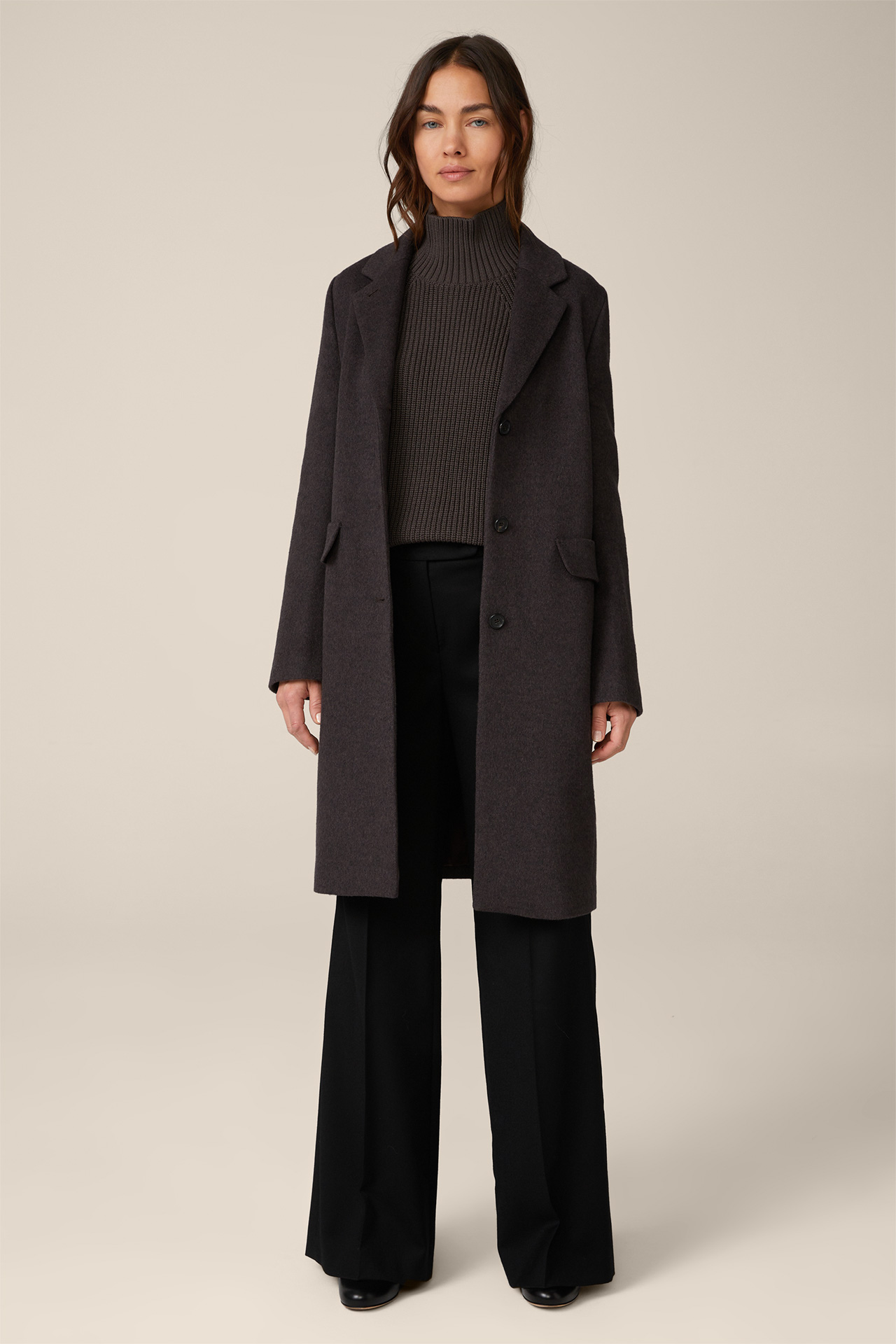 Virgin Wool Egg-shaped Coat with Cashmere in Anthracite Marl