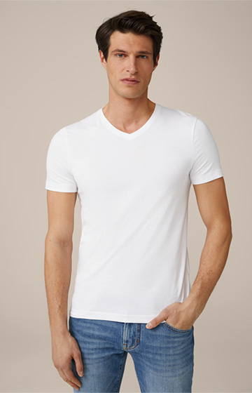 Pack de 2 t-shirts en coton mélangé, avec stretch et encolure en V, en blanc