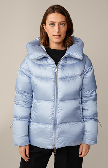 Quilted Down Jacket with Hood in Light Blue