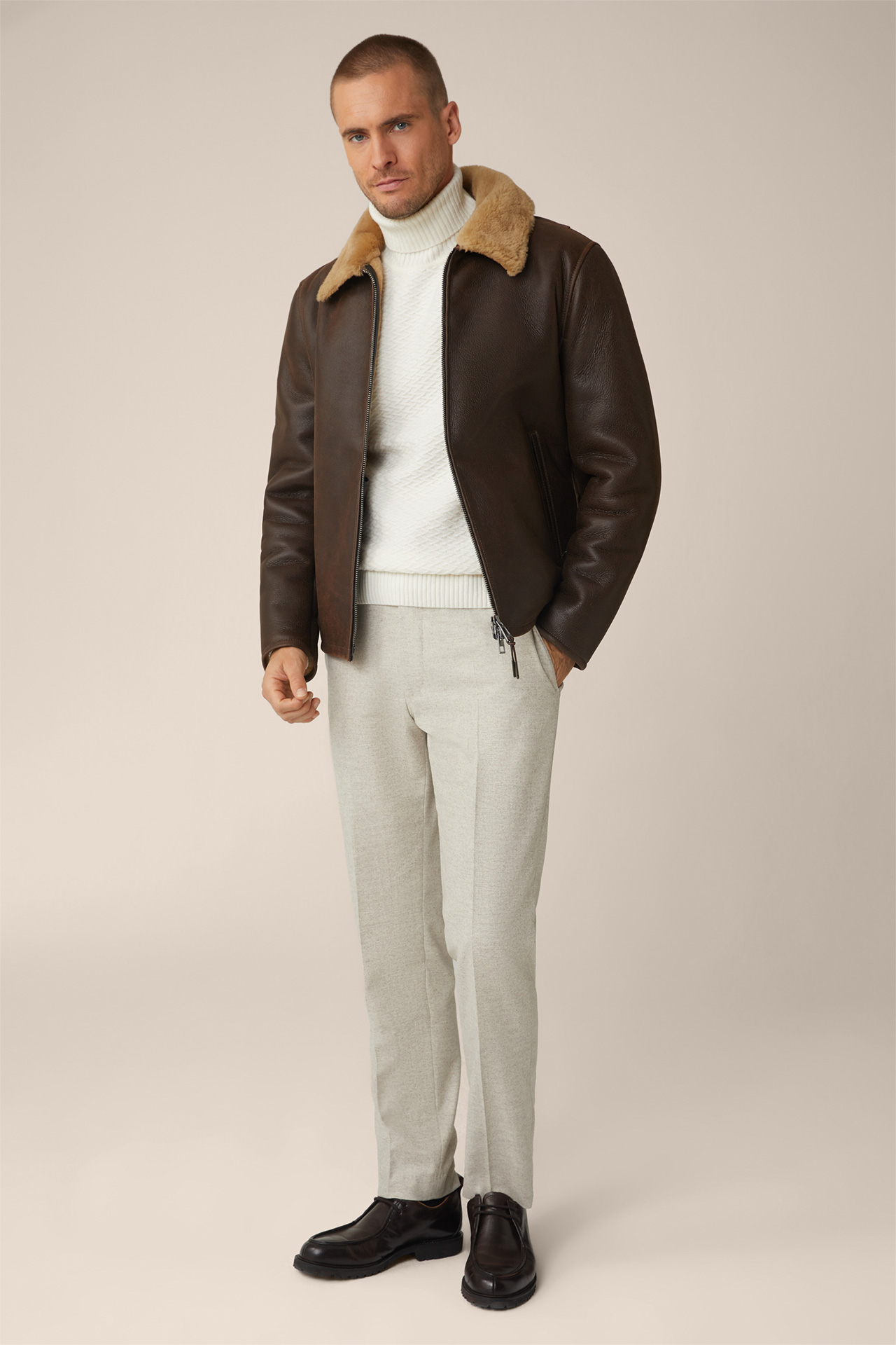 Mezzano Lambskin and Leather Jacket with Shirt Collar in Brown
