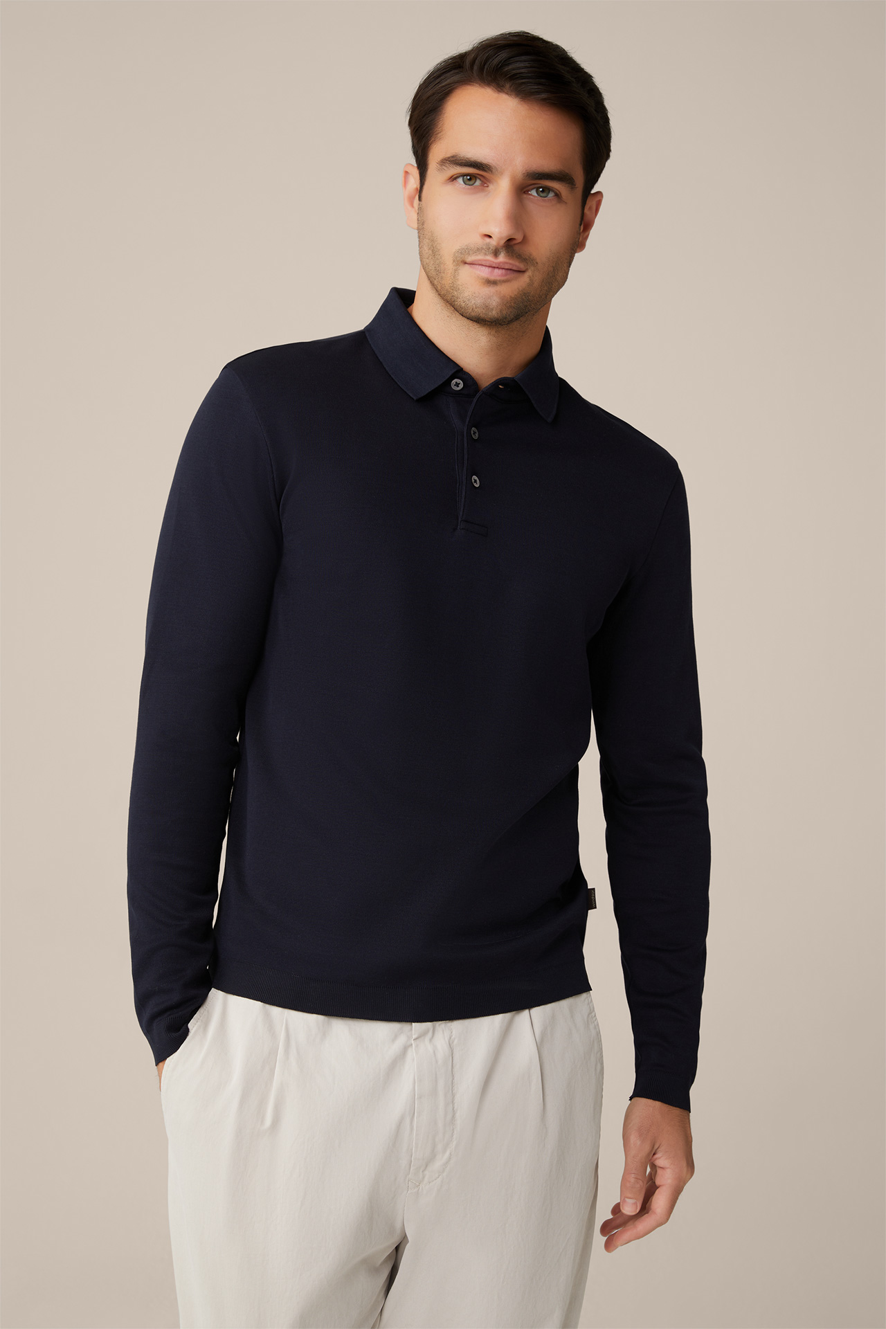 Frido Cotton Long-Sleeved Polo Shirt in Navy