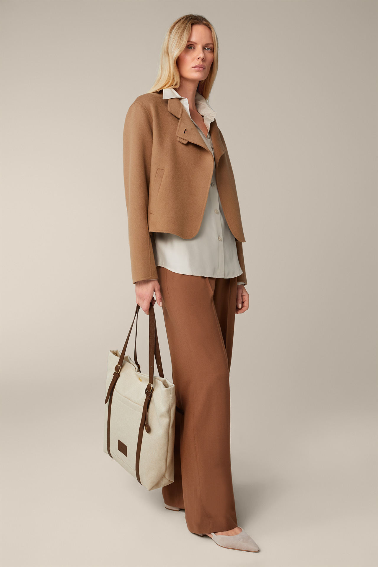 Canvas Shopper with Leather Details in Light Beige