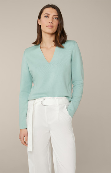 Cotton-Tencel Knitted Pullover with Shoulder Pads in Mint Green