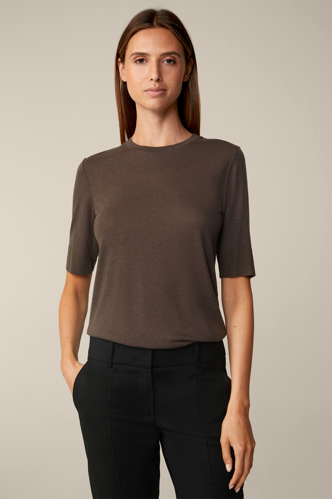 Tencel Wool Mix Short-sleeved Shirt in Taupe