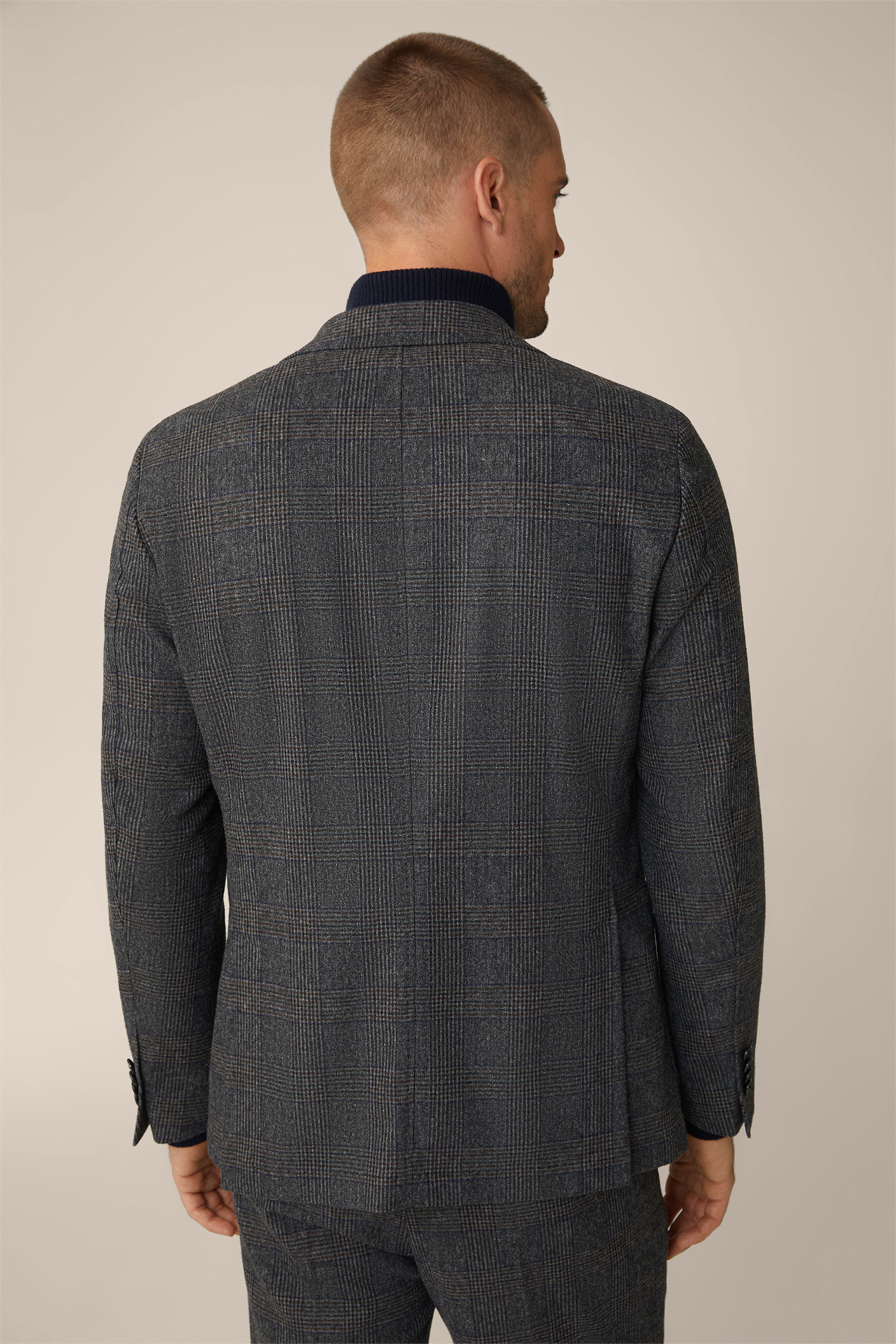 Veste de costume en laine mélangée à carreaux anthracite et bleu.