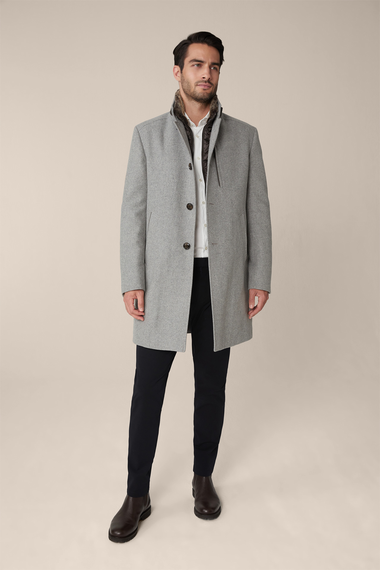 Rivano Stand-up Collar Coat with Cashmere and Lambskin Collar in Flecked Light Grey