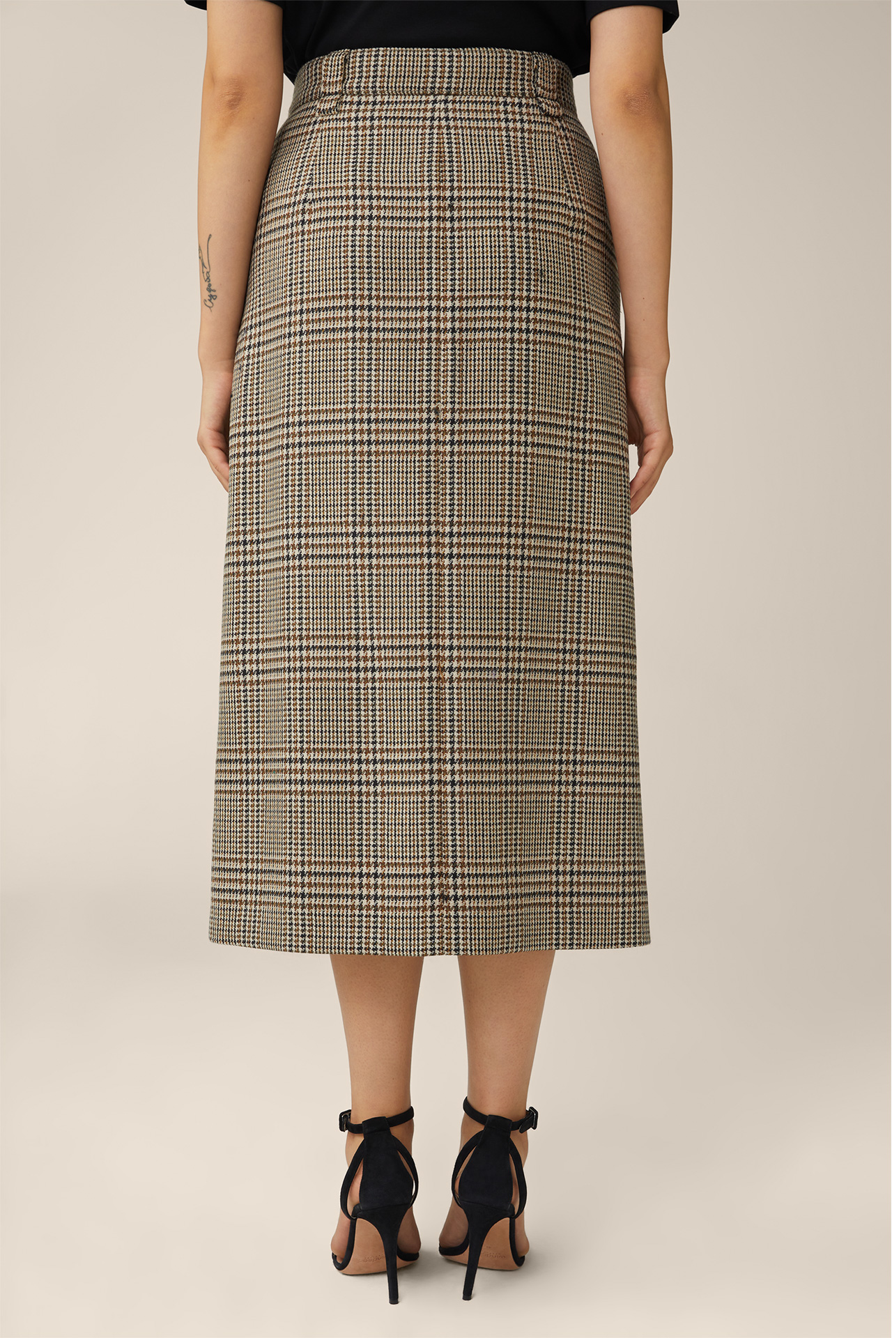 Virgin Wool Pencil Midi Skirt in Beige, Black and Brown Check