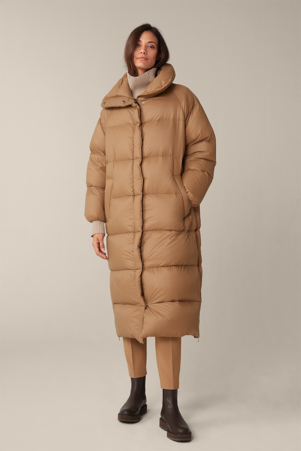 Quilted Down Coat with High Collar in Camel