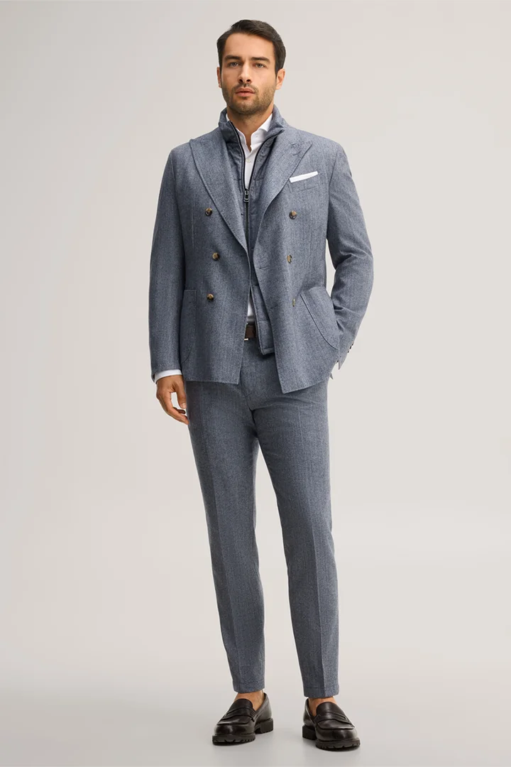 Leads to product detail page "Wool-blend modular double-breasted jacket in marl blue"