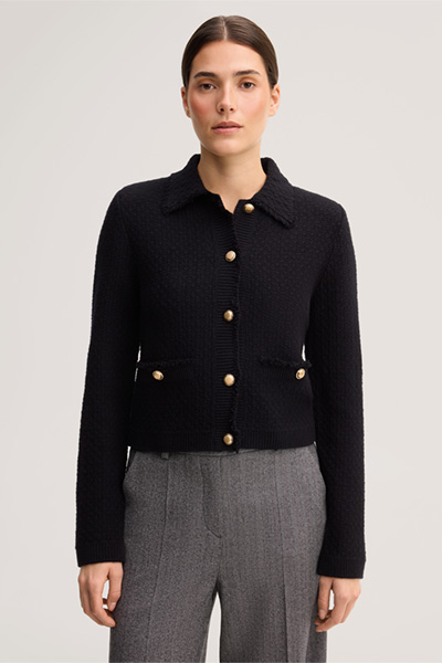 Führt zu Produktdetailseite „Tweed-Strick-Cardigan mit Fransen in Schwarz"