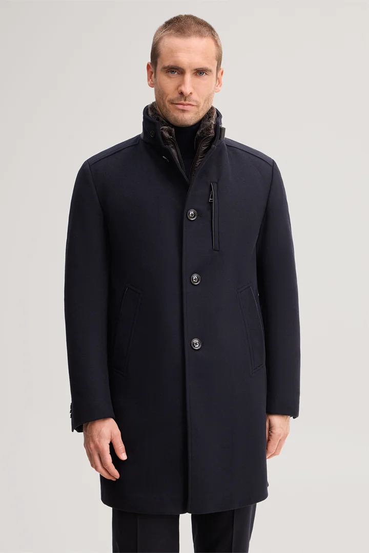 Führt zu Produktdetailseite „Wollmix-Stehkragen-Mantel mit Cashmere in Navy"