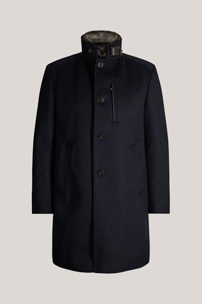 Leads to product detail page "Wool-blend stand-up collar coat with cashmere in navy blue"