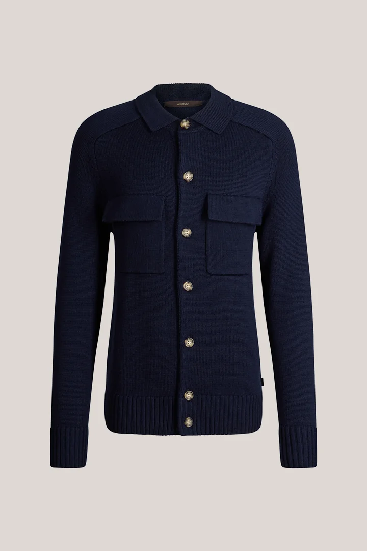 Führt zu Produktdetailseite „Schurwoll-Strick-Overshirt mit Hemdkragen in Navy"