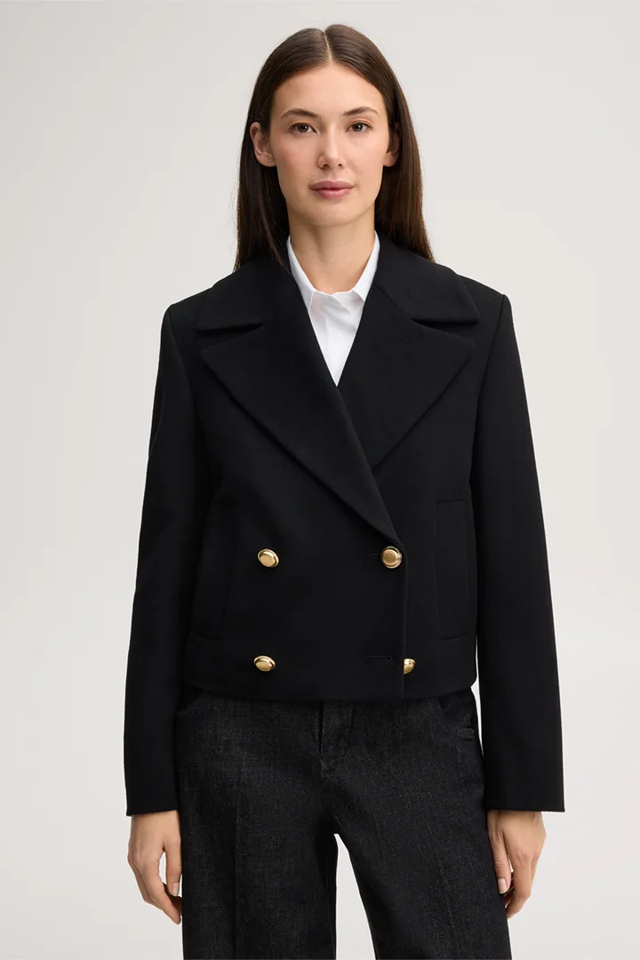 Leads to product detail page "Black virgin wool blend spencer jacket with cashmere"