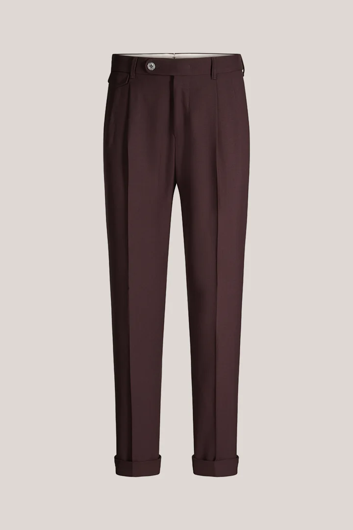 Virgin wool modular trousers with pleats at the waist in burgundy