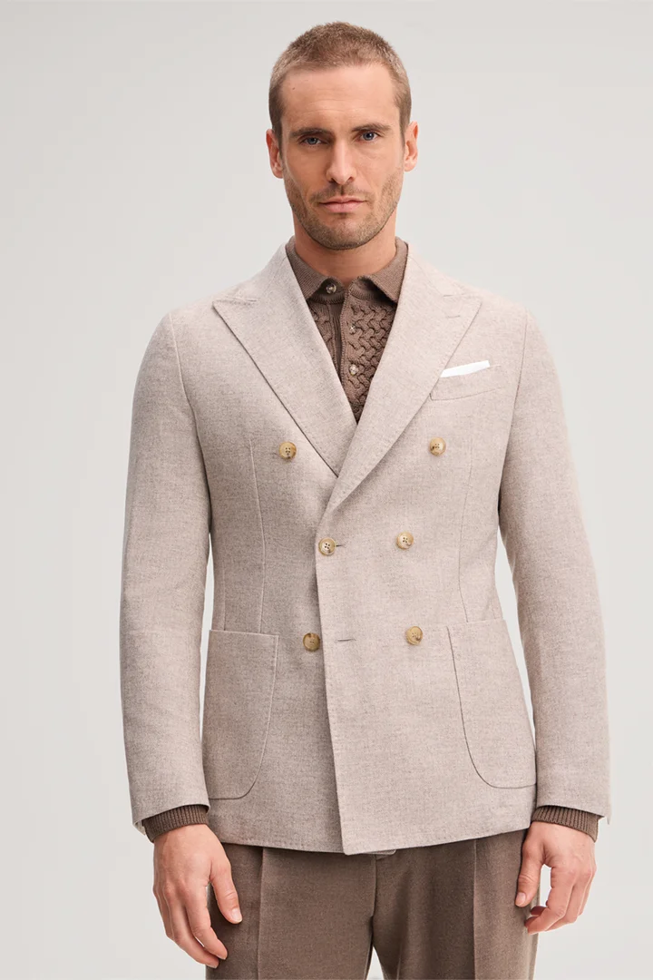 Leads to product detail page "Beige wool-blend double-breasted jacket"