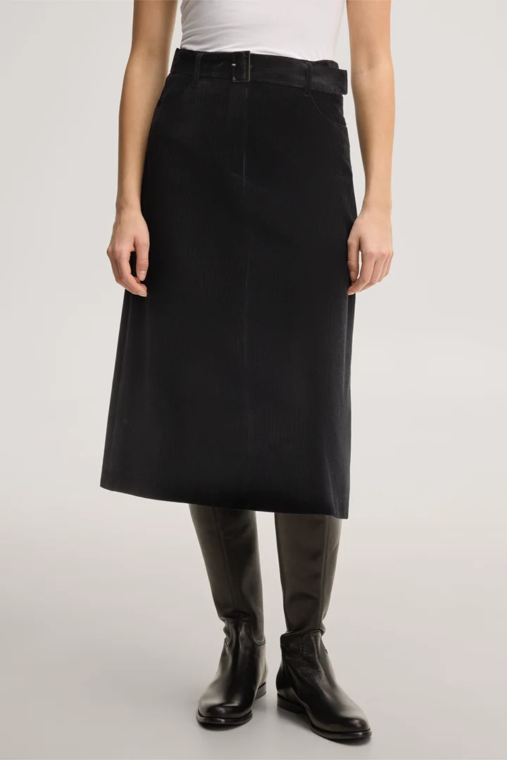 Leads to product detail page "Black a-line corduroy midi skirt"