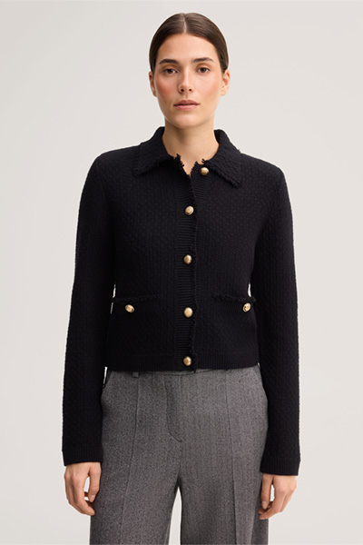 Leads to product detail page "Black fringed tweed knitted cardigan"