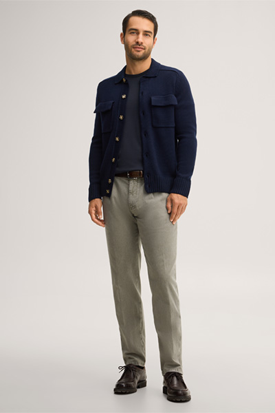 Leads to product detail page "Navy blue virgin wool knitted overshirt with a shirt collar"