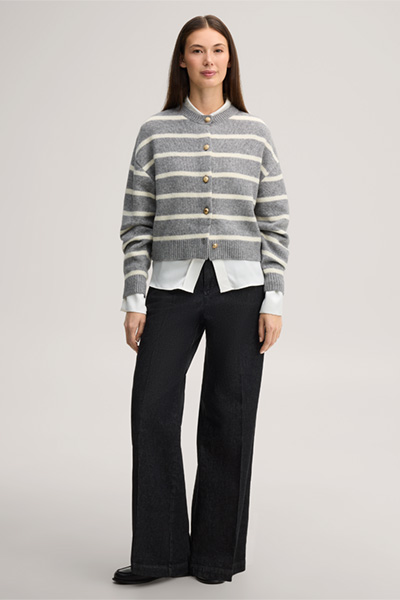 Leads to product detail page "Wool-blend yak cardigan in marl grey and ecru"