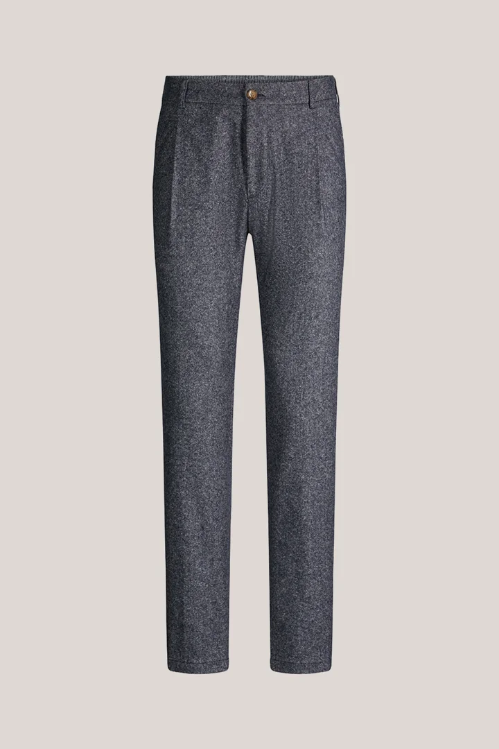 Pantalon modulable en laine mélangée à de la soie, avec plis à la taille, bleu chiné
