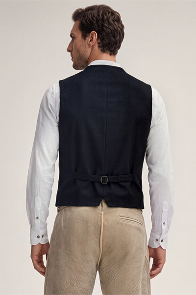 Leads to product detail page "Ammersee Traditional Costume Waistcoat with Stand-up collar in a Navy and Bordeaux Pattern"