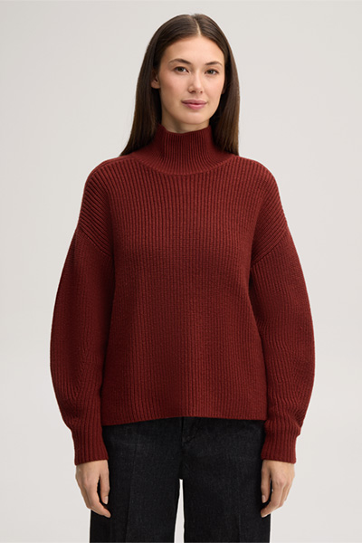 Leads to product detail page "Dark red merino woollen jumper with a stand-up collar"