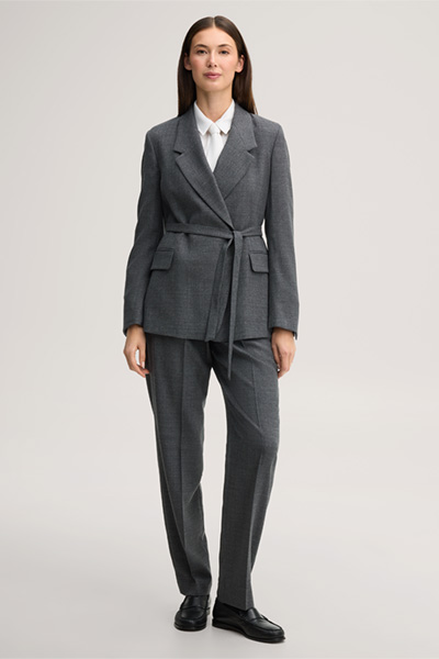 Führt zu Produktdetailseite „Schurwoll-Blazer mit Mouline Struktur und Gürtel in Dunkelgrau"