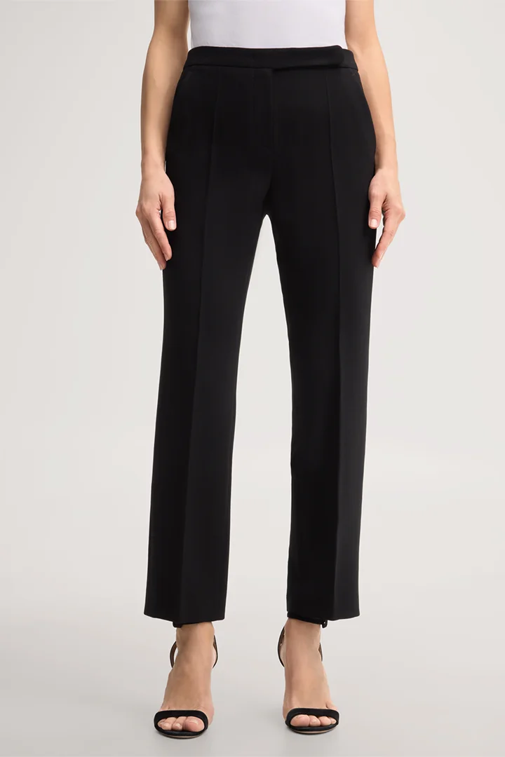 Leads to product detail page "Black wool crepe straight cut trousers"