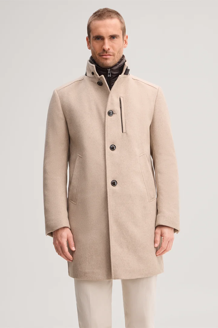 Führt zu Produktdetailseite „Wollmix-Stehkragen-Mantel mit Cashmere in Beige"