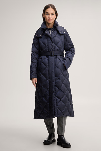 Leads to product detail page "Nylon down-filled quilted coat with stand-up collar in navy blue"