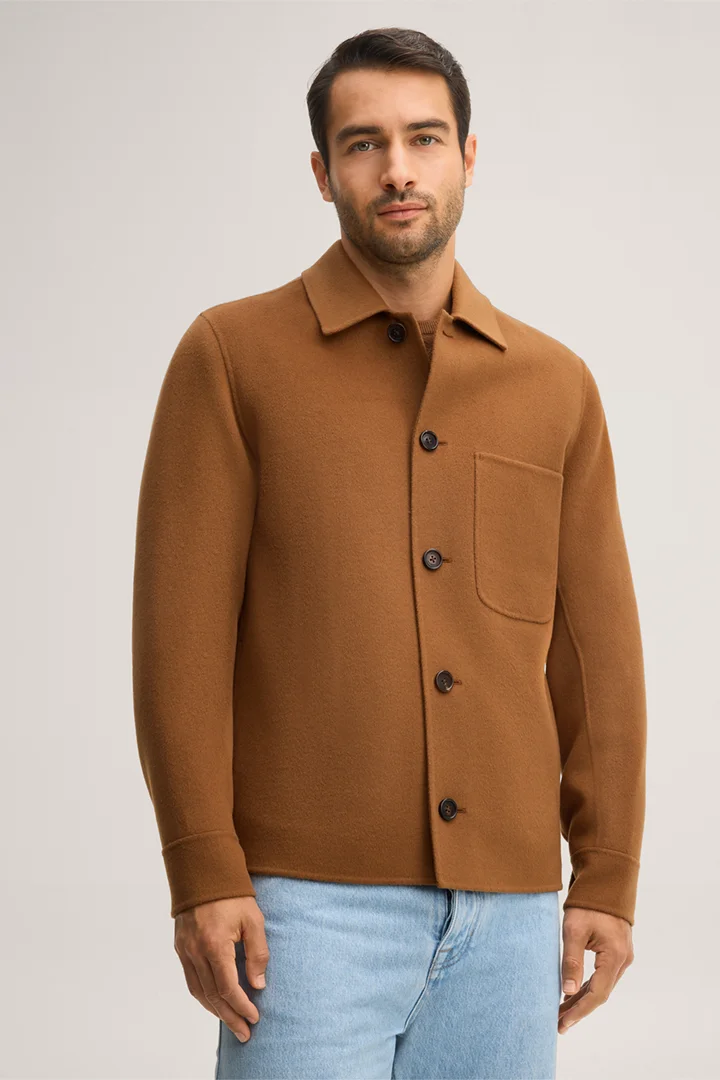Leads to product detail page "Double-faced woollen overshirt with a shirt collar in brown"