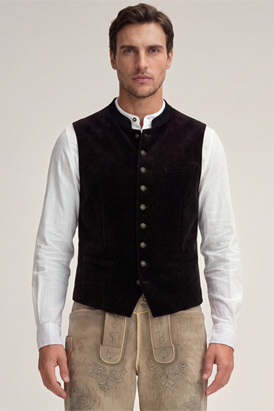 Leads to product detail page "Ammersee Traditional Costume Waistcoat with Stand-up collar in a Navy and Bordeaux Pattern"