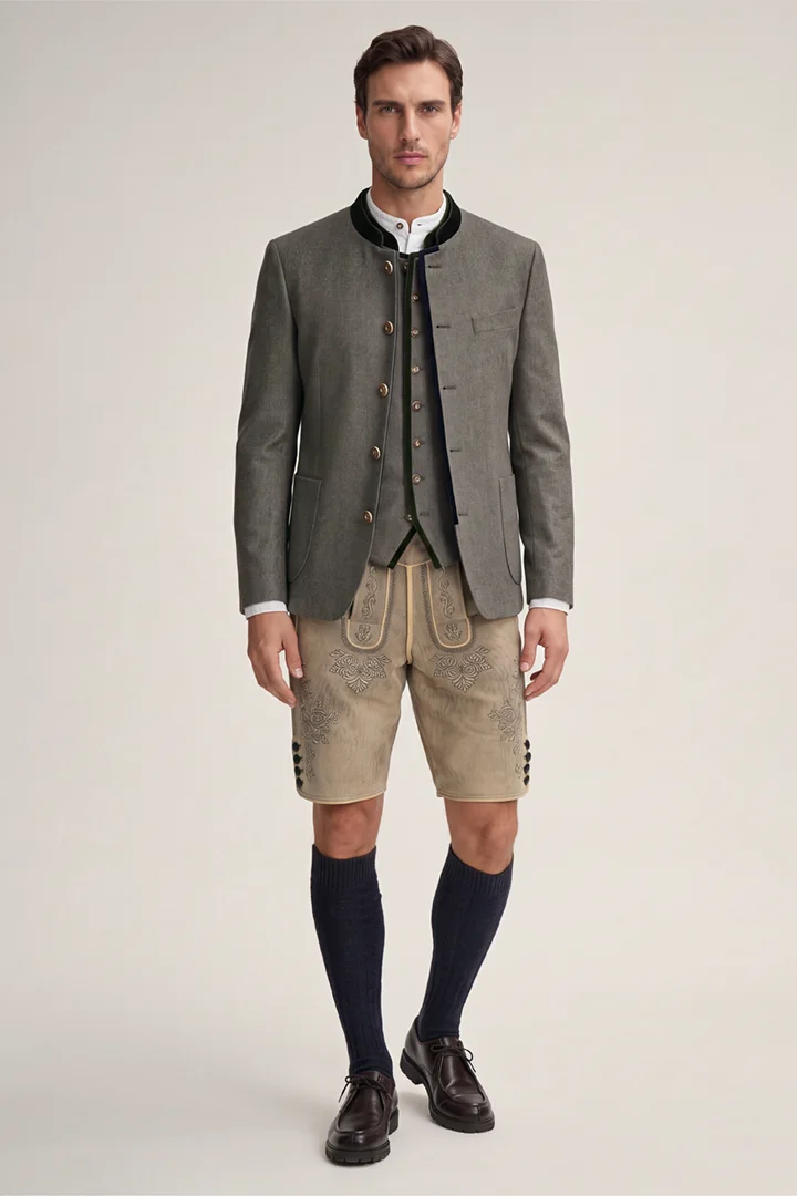 Leads to product detail page "Au Traditional Costume Waistcoat with Stand-up collar in Taupe with Velvet Details"