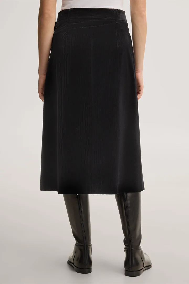 Leads to product detail page "Black a-line corduroy midi skirt"