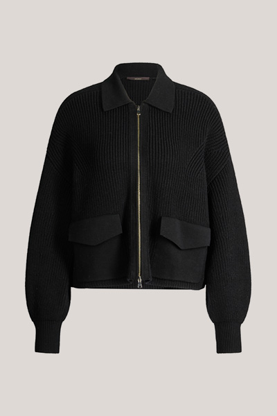 Black merino knitted zip-up cardigan