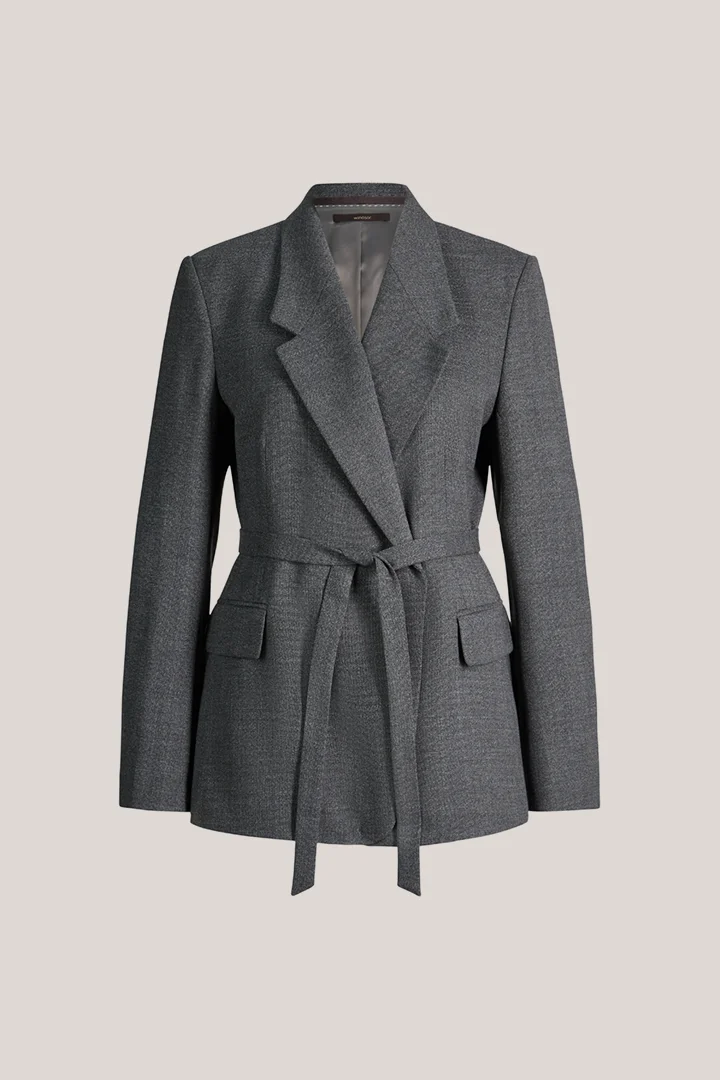 Virgin wool blazer with a mouline texture and a belt in dark grey
