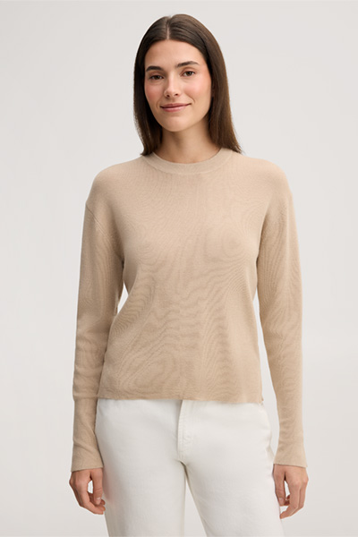 Leads to product detail page "Beige merino fine-knit crew-neck jumper with silk"