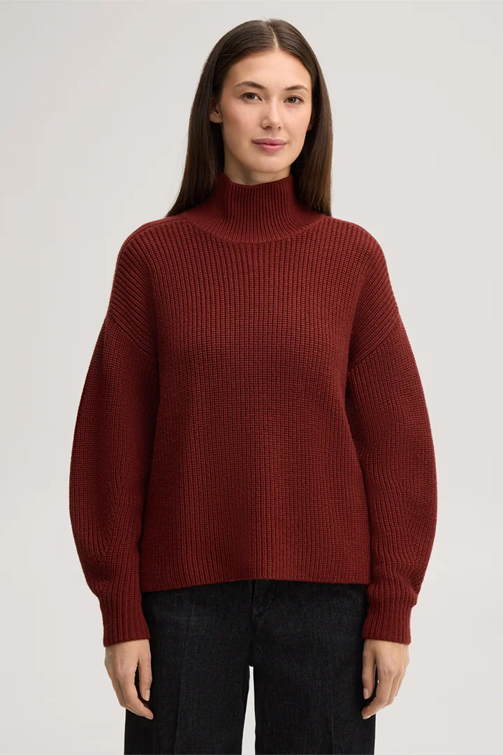 Leads to product detail page "Dark red merino woollen jumper with a stand-up collar"