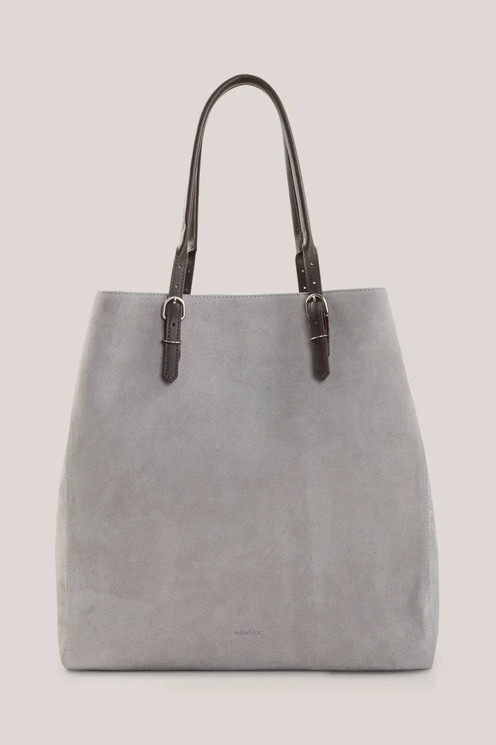 Leads to product detail page "Grey suede shopper bag"