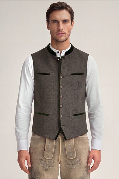 Leads to product detail page "Au Traditional Costume Waistcoat with Stand-up collar in Taupe with Velvet Details"