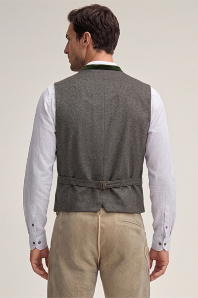 Leads to product detail page "Au Traditional Costume Waistcoat with Stand-up collar in Taupe with Velvet Details"