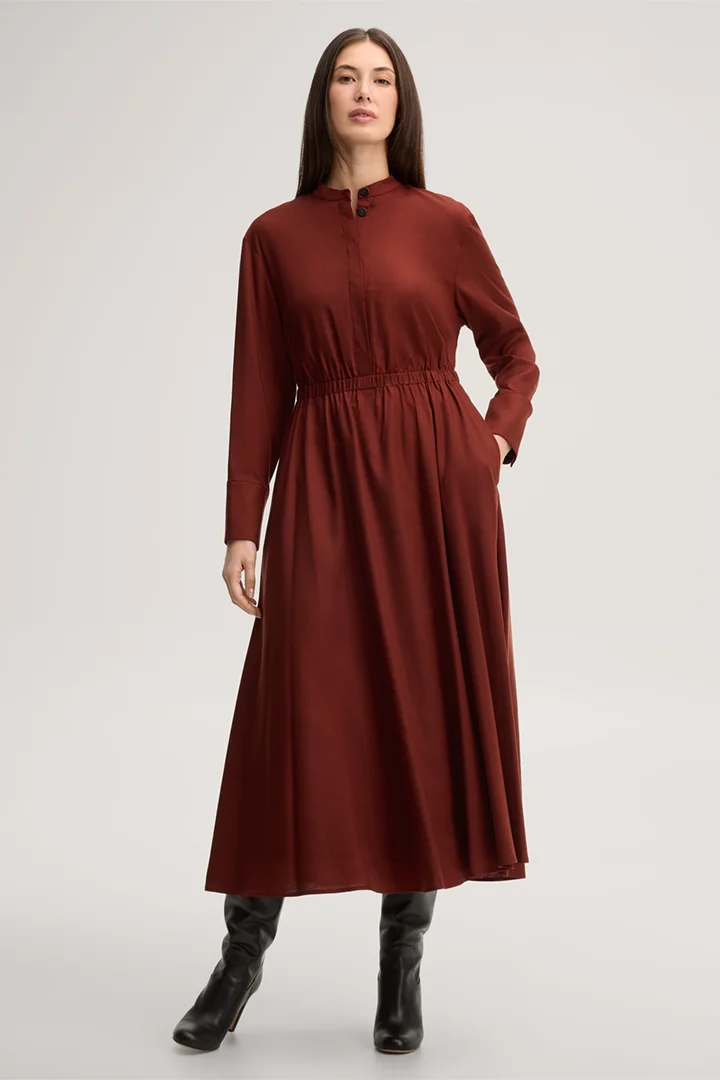 Leads to product detail page "Dark red wool crepe dress with a stand-up collar"